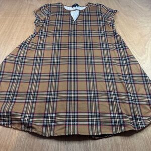 Vibe Sportswear 2X Plaid Swing Dress Brown Keyhole Neck Ruffle Sleeve